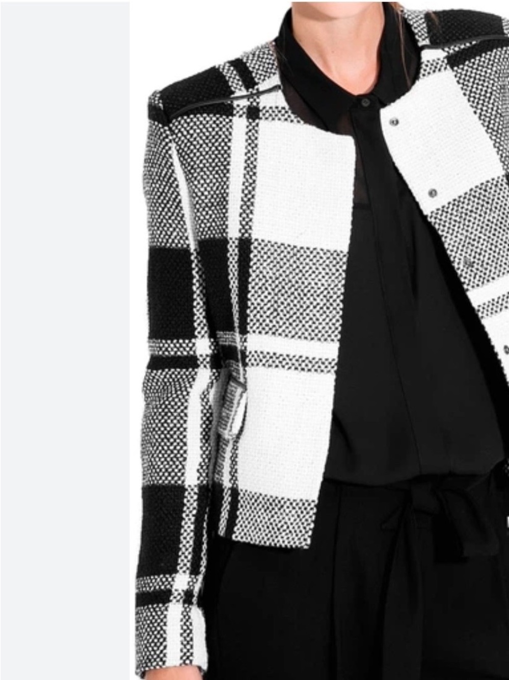 Mango Black and White Cropped Plaid Tweed Jacket